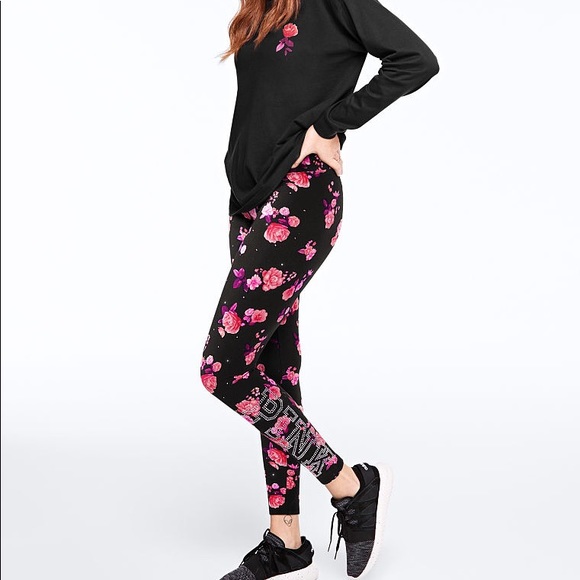 ❗️LAST💕VS PINK BLACK FLORAL BLING COTTON LEGGINGS - Picture 2 of 5